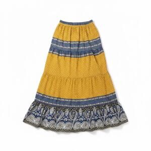 She’s Cool Boho Midi Skirt M Yellow Blue Polka Dot Patchwork Paisley Cottagecore